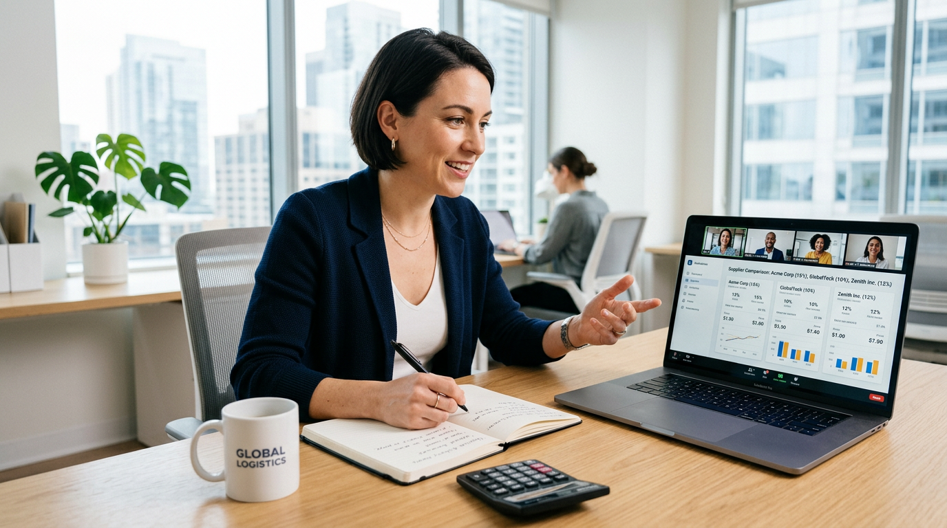 A procurement professional negotiating with suppliers using a side-by-side quote comparison dashboard
