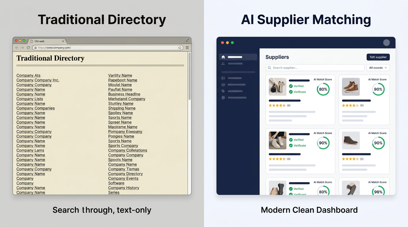 Traditional manufacturer directory (text-only list) vs AI supplier matching platform (clean dashboard with verification badges and match scores)