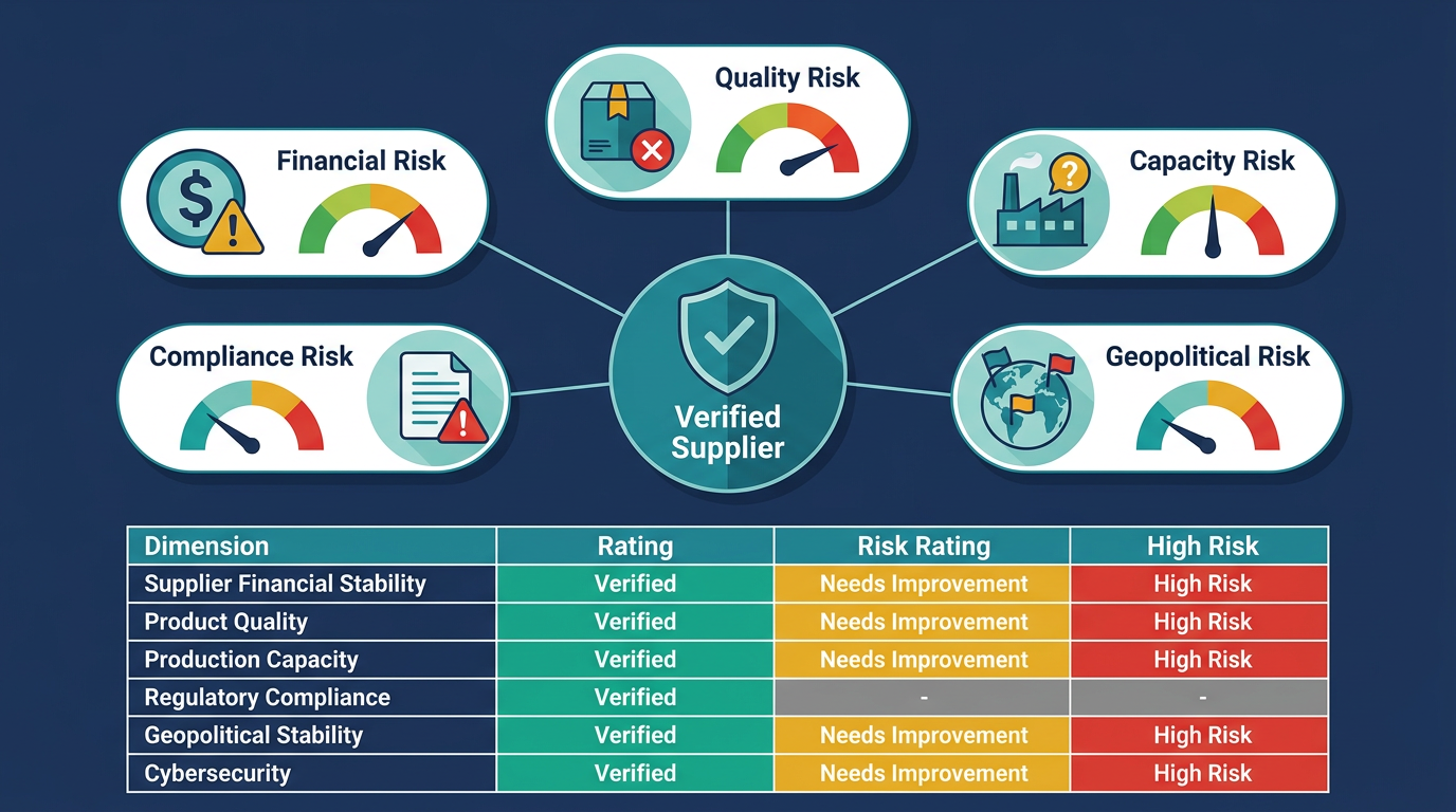 Supplier risk management framework: 5 risk categories (Financial, Quality, Capacity, Compliance, Geopolitical) around central Verified Supplier shield with risk scorecard